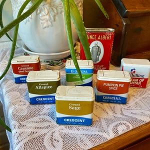 Vintage Kitchen Crescent and Schilling spice tins, Prince Albert tobacco tin